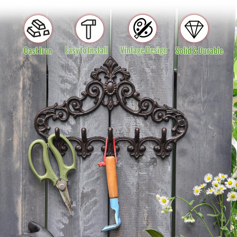 Sungmor Cast Iron Rustic Coat Hook Hanger with 5 Hooks - Practical Iron Storage Organizer/Wall Hooks Hanging Rack - Pretty Pattern Charming Wall Decor for Keys Clothes Hats - Image 5